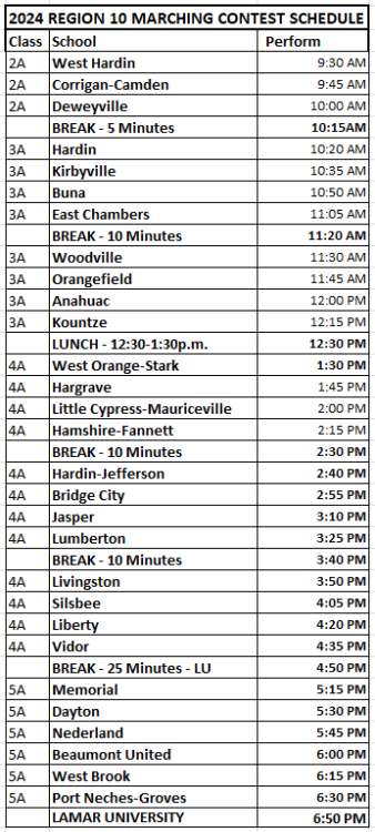 UIL 2024 Region 10 Marching Schedule.PNG